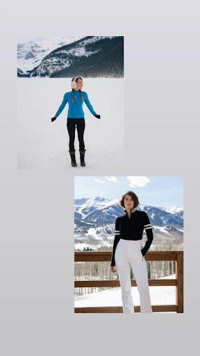 Woman wearing FERA USA sweater, Kate half-zip sweater, Kelly Stretch ski pants, fur-trim boots, and earmuffs in a winter setting.