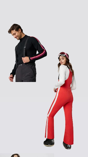 Man and woman in FERA’s stylish ski outfits: black sweater with suspenders, red bib pants with white stripe, ready for slopes.