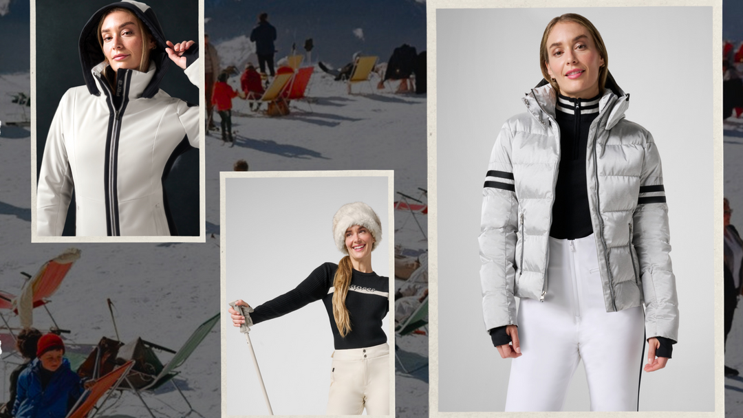 Lookbook spread of women wearing FERA ski jackets and après layers, styled on snowy slopes and in the studio.