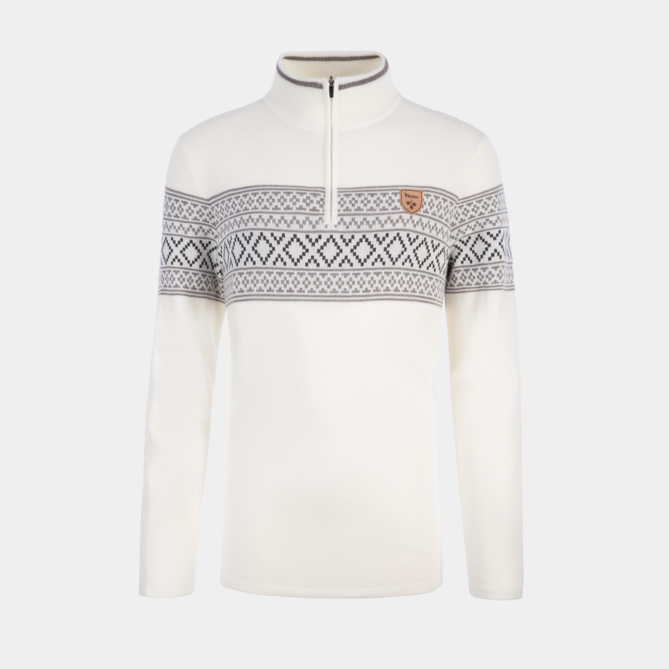 FERA Chase men’s winter white merino blend ski sweater with ½ zip and athletic stripe detailing.