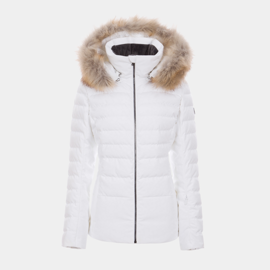 FERA Cori women’s white cloud ski jacket with chevron quilted design, insulated down parka style with hood and zip pockets.