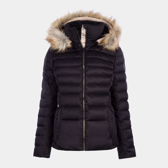 Julia Luxe Parka women's silver ski jacket with removable faux fur trim and warm down insulation