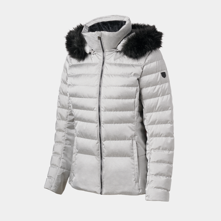 FERA Cori women’s white cloud ski jacket with chevron quilted design, insulated down parka style with hood and zip pockets.
