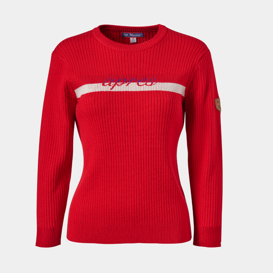 FERA Chase men’s winter white merino blend ski sweater with ½ zip and athletic stripe detailing.